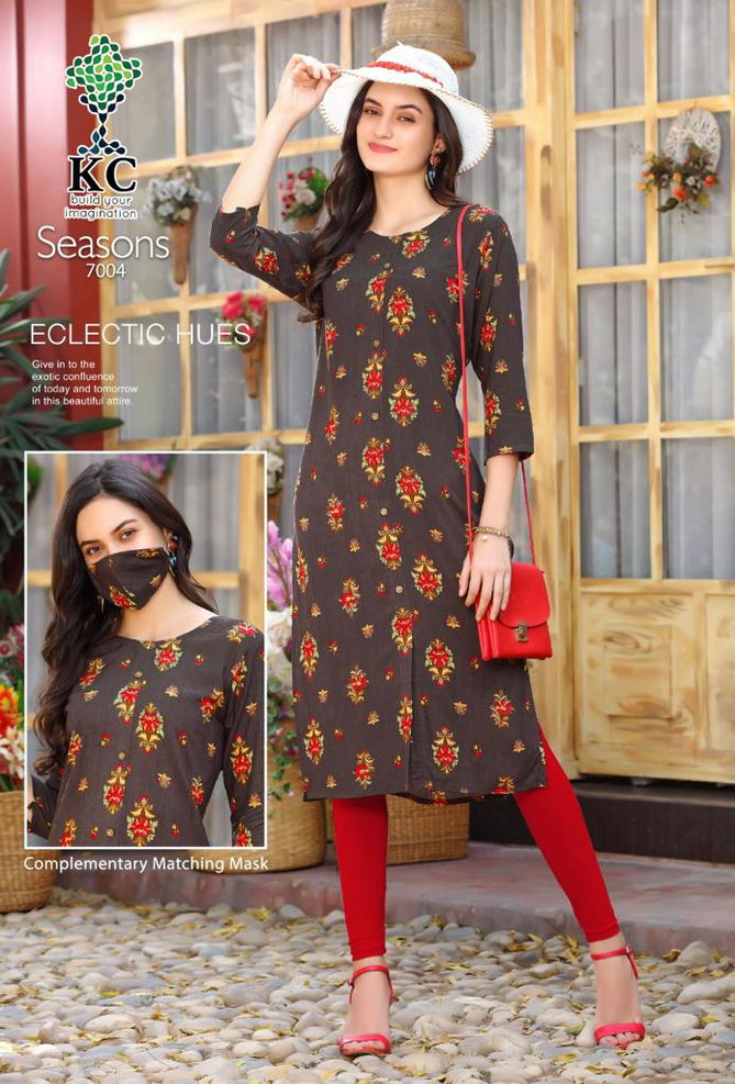 Kc Seasons 7 Latest Fancy Designer Heavy Rayon Kurti With Mask Collection